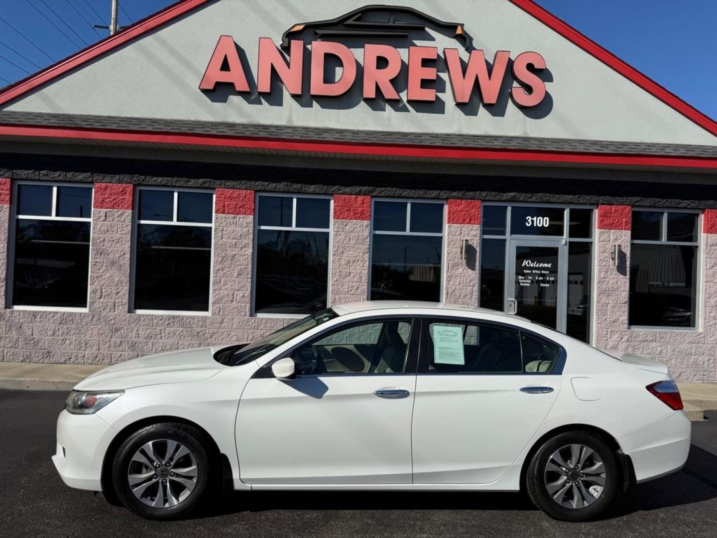 2014 WHITE HONDA ACCORD LX (1HGCR2F3XEA) with an 2.4L engine, Continuously Variable transmission, located at 3100 Covert Avenue, Evansville, IN, 47714, (812) 473-4492, 37.955418, -87.512238 - Photo#0